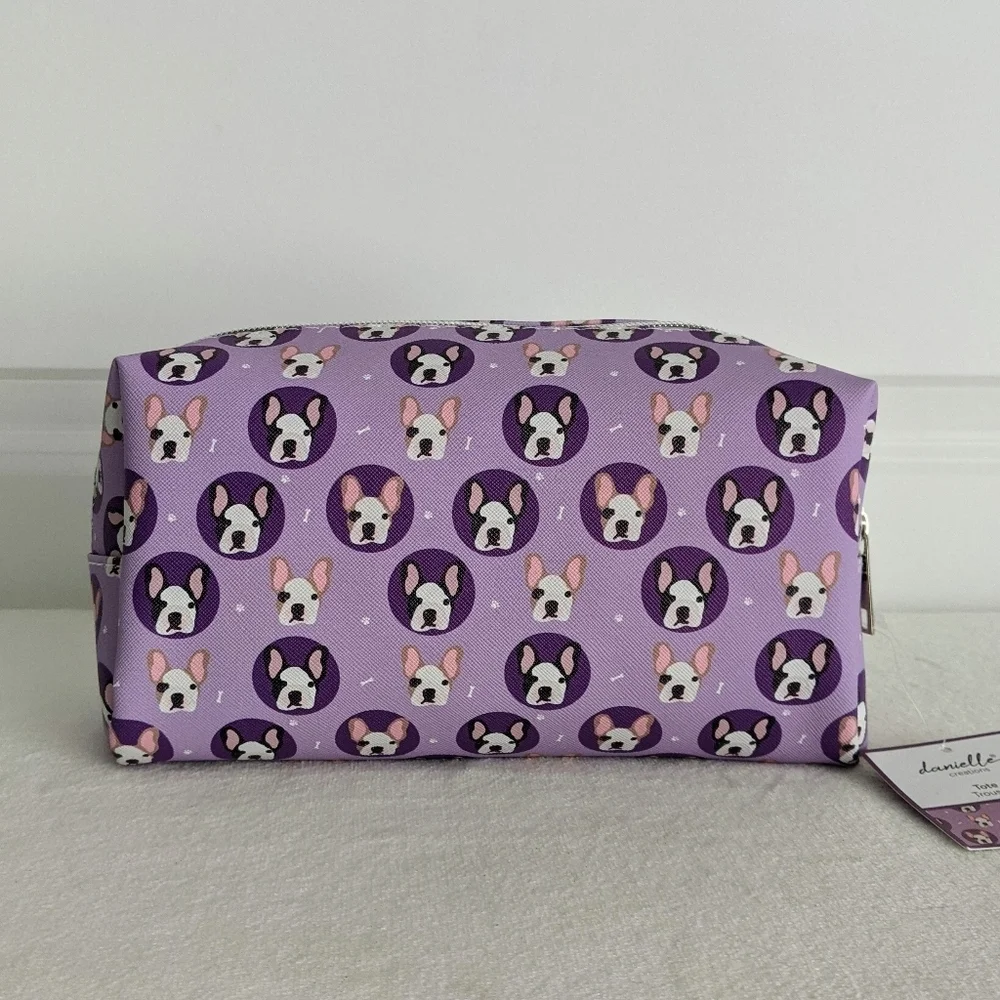 Boston Terrier Frenchie Cosmetic Bag Case Saffiano Vinyl Purple Lined NWT
